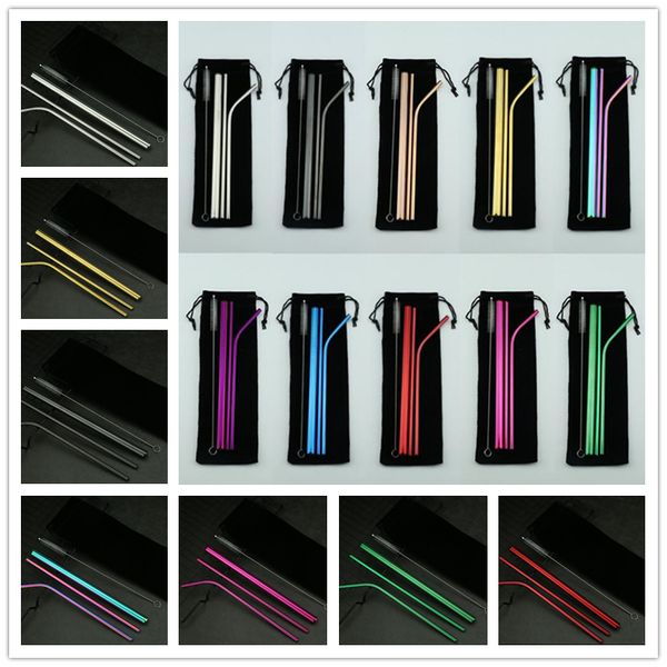 

10 colors reusable stainless steel straw set with cleaner brush colorful straw smoothies drinking straws bar drinking tool