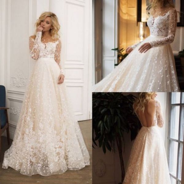 2020 beach wedding dresses sheer jewel neck long sleeve appliqued bridal gowns sweep train backless a line wedding gowns, White
2020 beach wedding dresses sheer jewel neck long sleeve appliqued bridal gowns sweep train backless a line wedding gowns, White