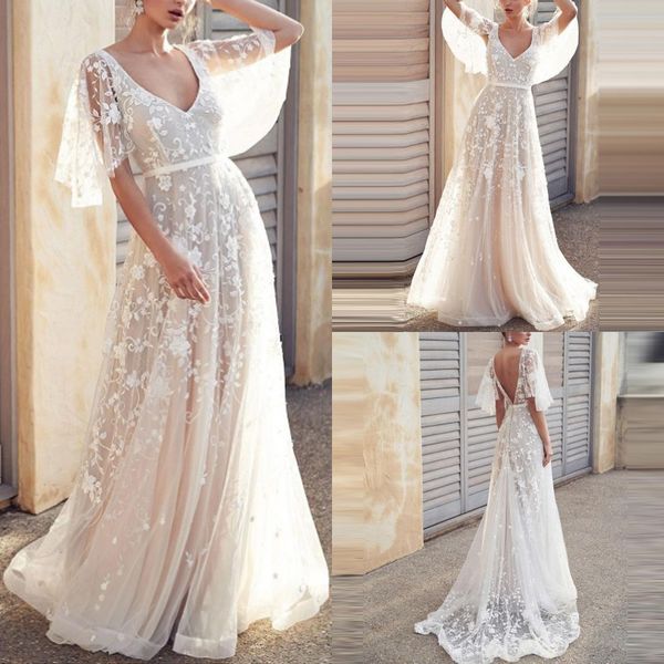 wholesales- deep v neck a line appliques lace wedding dress half sleeve country boho tulle beach backless bridal gowns, White
wholesales- deep v neck a line appliques lace wedding dress half sleeve country boho tulle beach backless bridal gowns, White