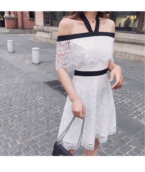 slash neck lace dress women knee-length summer dresses a-line vestidos, Black;gray
slash neck lace dress women knee-length summer dresses a-line vestidos, Black;gray