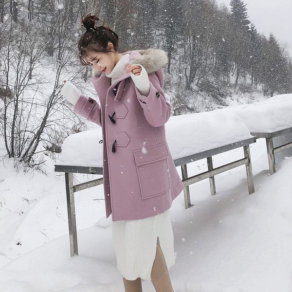 wool jacket women's new winter 2019 new horn button loose long woolen overcoat artificial fur collar with hooded casaco feminino, Black
wool jacket women's new winter 2019 new horn button loose long woolen overcoat artificial fur collar with hooded casaco feminino, Black