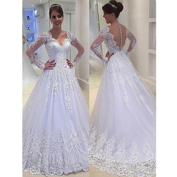 gorgeous a line long sleeves lace wedding dress v neck covered button tulle princess robe de mariée with beads, White
gorgeous a line long sleeves lace wedding dress v neck covered button tulle princess robe de mariée with beads, White