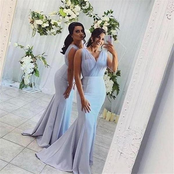2020 new arabic mermaid bridesmaid dresses v neck sleeveless satin tulle backless wedding guest dress formal maid of honor gowns, White;pink 
2020 new arabic mermaid bridesmaid dresses v neck sleeveless satin tulle backless wedding guest dress formal maid of honor gowns, White;pink