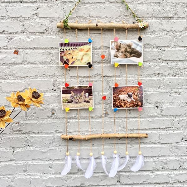 

macrame wall hanging picture frames set collage ps display with wooden stick and rope pictures organizer with 7pcs feathers