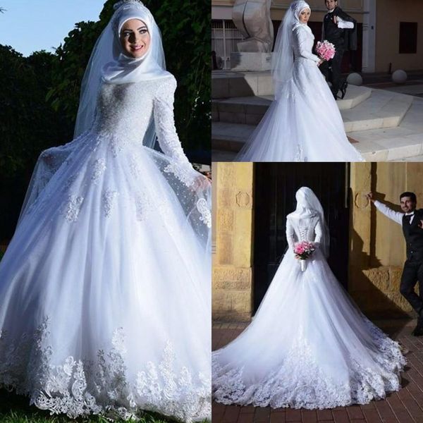 new muslim long sleeves a-line wedding dresses lace appliques corset back plus size 2019 arabic bridal gowns with chapel train b115, White
new muslim long sleeves a-line wedding dresses lace appliques corset back plus size 2019 arabic bridal gowns with chapel train b115, White