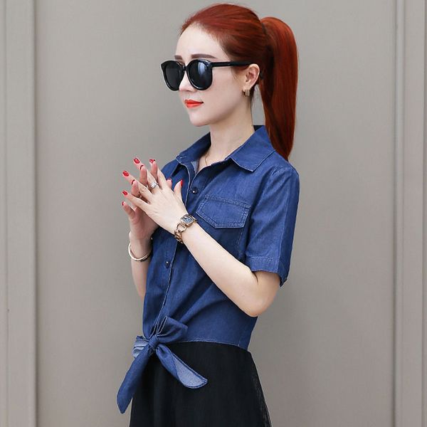 women spring summer short style denim fabric blouses shirts lady casual bow tie decor short sleeve blusas df2467, White
women spring summer short style denim fabric blouses shirts lady casual bow tie decor short sleeve blusas df2467, White