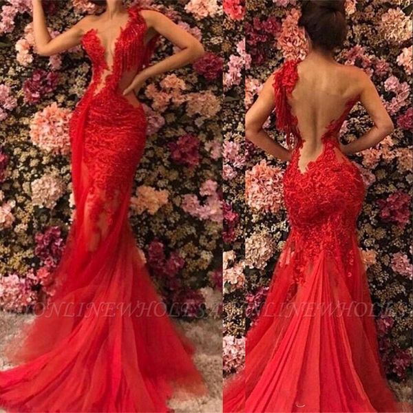 new red mermaid evening dresses wear illusion one shoulder lace applique crystal beading tulle sheer back see through formal prom gowns, Black;red
new red mermaid evening dresses wear illusion one shoulder lace applique crystal beading tulle sheer back see through formal prom gowns, Black;red