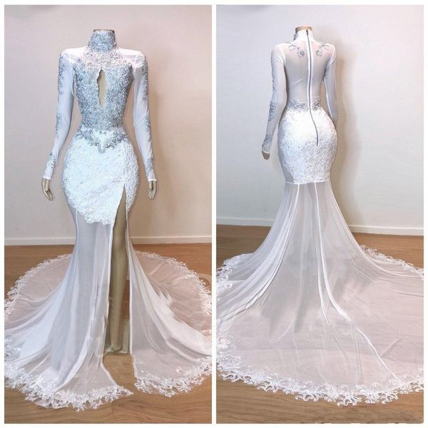 Sexy White Lace and Tulle Long Sleeve Mermaid Prom Dresses Side Split Keyhole High Neck See Through Zipper Back Special Occasion Dresses
Sexy White Lace and Tulle Long Sleeve Mermaid Prom Dresses Side Split Keyhole High Neck See Through Zipper Back Special Occasion Dresses