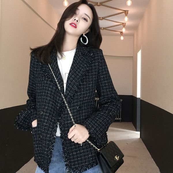 women's suits & blazers womens double breasted plaid elegant black white korean loose blazer women tweed jackets mujer, White;black
women's suits & blazers womens double breasted plaid elegant black white korean loose blazer women tweed jackets mujer, White;black