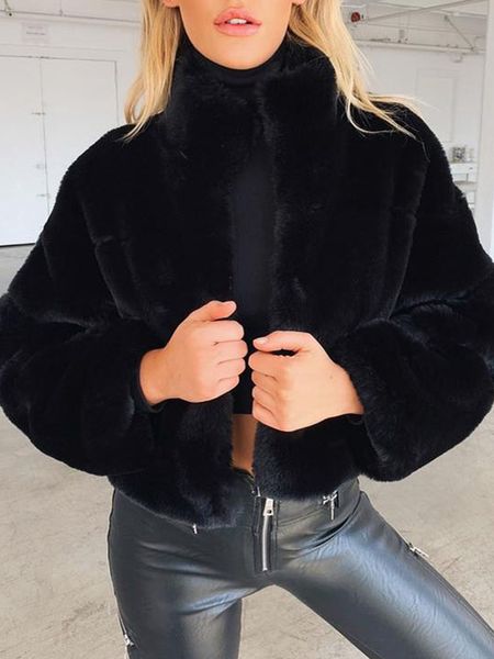 fashion women winter solid color fluffy coat stand collar long sleeve concealed button faux fur thick short streetwear jacket, Black
fashion women winter solid color fluffy coat stand collar long sleeve concealed button faux fur thick short streetwear jacket, Black