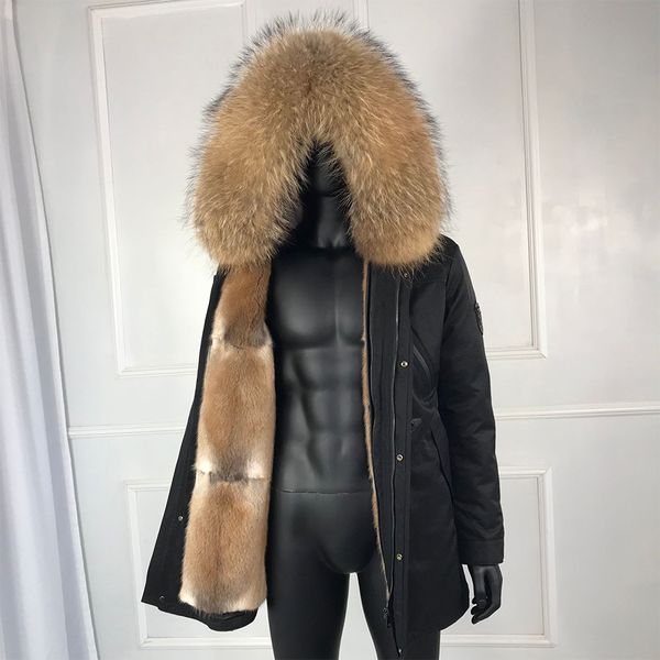 

muskrat fur coat for men real fur parkas natural raccon collar winter thicken lining mens overcoat, Black
