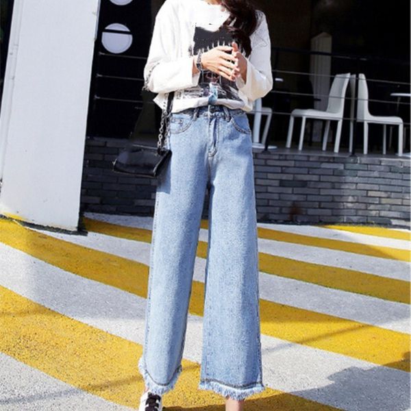 2019 fashion women blue/sky blue loose denim pants female high waist wide leg pants