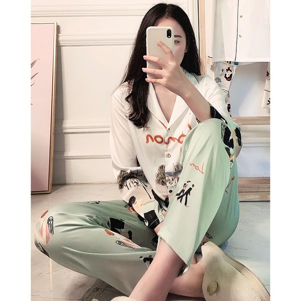 women's sleepwear 2021 internet celebrity pajamas for women satin silk ladies soft pijama mujer cartoon pattern pyjama femme, Black;red