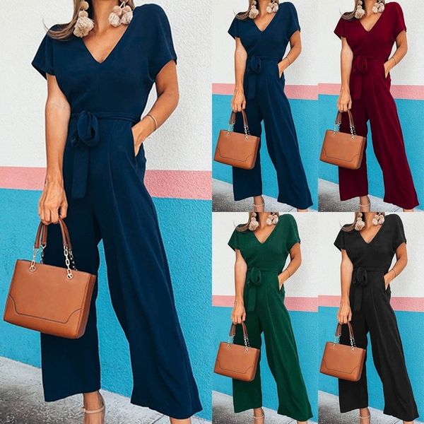 women short sleeve v neck jumpsuit solid color ankle length casual slim fashion playsuit overalls ladies elegant jumpsuits, Black;white
women short sleeve v neck jumpsuit solid color ankle length casual slim fashion playsuit overalls ladies elegant jumpsuits, Black;white