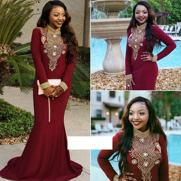 dark wine mermaid prom dresses long sleeve gold beaded black girl high neck african evening formal wear vestido de festa, Black;red
dark wine mermaid prom dresses long sleeve gold beaded black girl high neck african evening formal wear vestido de festa, Black;red