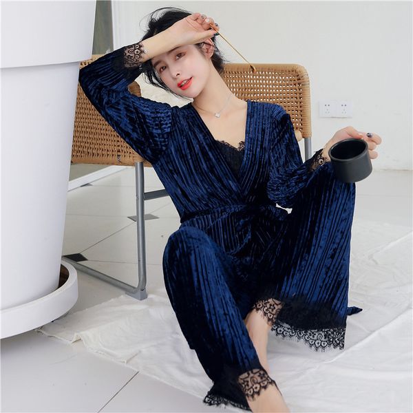 july's song gold velvet pajamas lace women autumn winter warm pajamas set women sleepwear sleeveless strap nightwear robe, Blue;gray
july's song gold velvet pajamas lace women autumn winter warm pajamas set women sleepwear sleeveless strap nightwear robe, Blue;gray