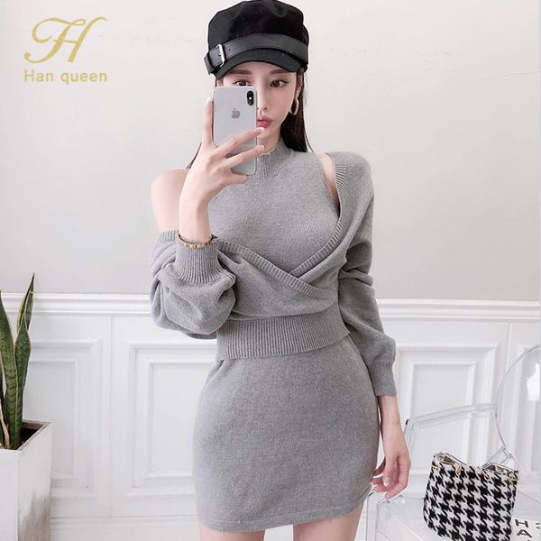 h han queen 2 pieces 2019 winter korean temperament slim bodycon pencil sheath party dresses bat sleeves knit dress, Black;gray
h han queen 2 pieces 2019 winter korean temperament slim bodycon pencil sheath party dresses bat sleeves knit dress, Black;gray