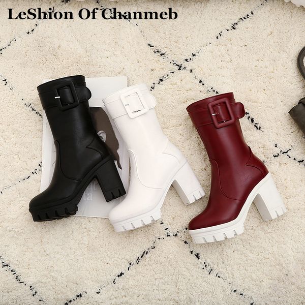 

2020 white platform women boots thick chunky heels gothic shoes women buckled pu leather calf boots winter lady size 33-43, Black