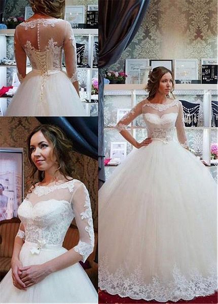 new sheer neck ball gown wedding dress with lace appliques half sleeves wedding dresses sweep train lace-up bridal gowns, White
new sheer neck ball gown wedding dress with lace appliques half sleeves wedding dresses sweep train lace-up bridal gowns, White