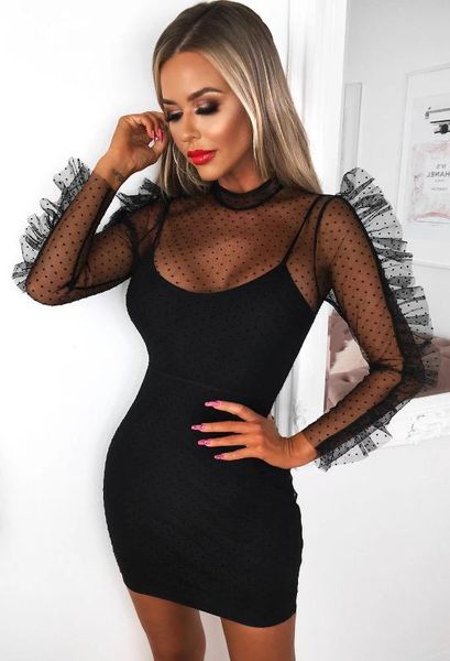 new spring summer black o-neck long sleeve lace perspective organza mesh dress + spaghetti strap underwear sling two pieces 2020, Black;gray
new spring summer black o-neck long sleeve lace perspective organza mesh dress + spaghetti strap underwear sling two pieces 2020, Black;gray