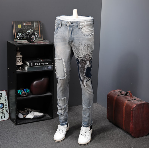 jeans men embroidery fish jeans male patch patch directly canister self-cultivation pants personality elastic hombre, Blue
jeans men embroidery fish jeans male patch patch directly canister self-cultivation pants personality elastic hombre, Blue