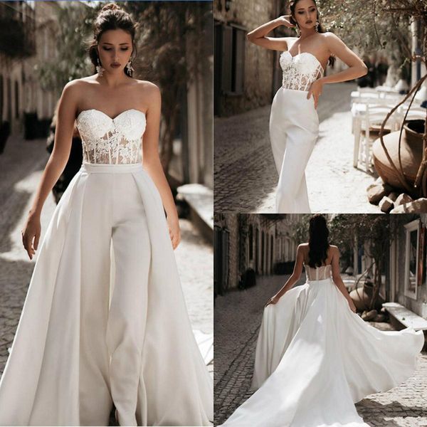 2020 bohemian jumpsuit lace wedding dresses with detachable train sweetheart beach bridal gowns boho vestido de novia, White
2020 bohemian jumpsuit lace wedding dresses with detachable train sweetheart beach bridal gowns boho vestido de novia, White