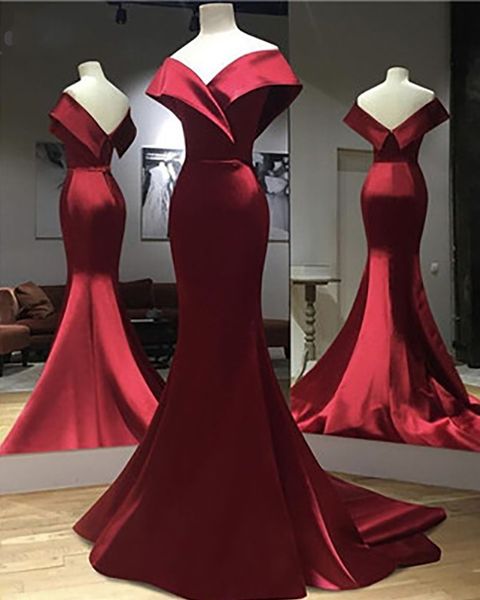 2020 wine red new evening dresses mermaid off shoulder prom dress sweep train satin long simple evening gowns, Black;red
2020 wine red new evening dresses mermaid off shoulder prom dress sweep train satin long simple evening gowns, Black;red