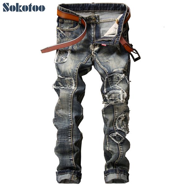 sokotoo men's casual slim straight patchwork denim jeans male fashion holes ripped pants vintage long trousers, Blue
sokotoo men's casual slim straight patchwork denim jeans male fashion holes ripped pants vintage long trousers, Blue