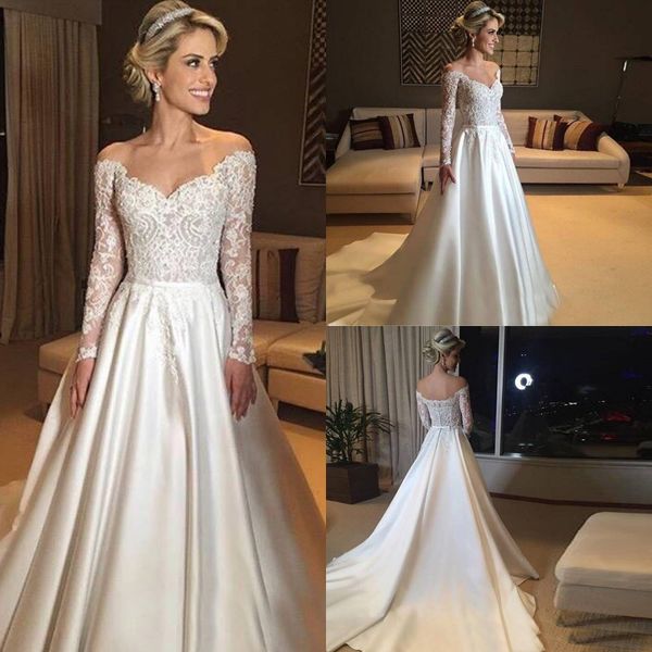 2019 vintage lace satin long sleeve wedding dress princess off the shoulder covered button sweep train bridal gown with appliques beads, White
2019 vintage lace satin long sleeve wedding dress princess off the shoulder covered button sweep train bridal gown with appliques beads, White