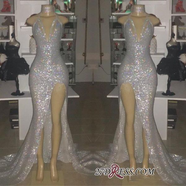 2019 new sparkly silver mermaid prom dresses long halter neck high side split evening party wear formal dress vestidos, White;black
2019 new sparkly silver mermaid prom dresses long halter neck high side split evening party wear formal dress vestidos, White;black