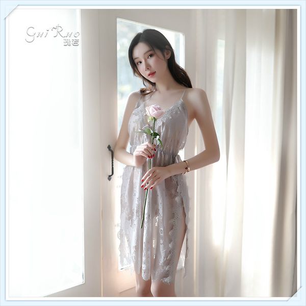 high-end european and american large seductive underwear side slit lace suspender nightdress female transparent fun pajama, Red;black