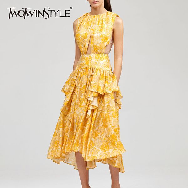 twotwinstyle elegant print dress women o neck sleeveless high waist hollow out ruffles irregular hem dresses female fashion tide, Black;gray
twotwinstyle elegant print dress women o neck sleeveless high waist hollow out ruffles irregular hem dresses female fashion tide, Black;gray