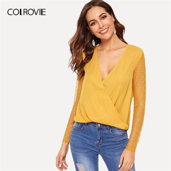 colrovie yellow v neck dot mesh sleeve wrap long sleeve elegant blouse shirt 2019 spring workwear womens and blouses, White 
colrovie yellow v neck dot mesh sleeve wrap long sleeve elegant blouse shirt 2019 spring workwear womens and blouses, White