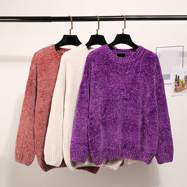 chic vintage chenille cashmere women full sleeve gold velvet sweaters winter ladies solid color o-neck loose female jumpers 2020, White;black 
chic vintage chenille cashmere women full sleeve gold velvet sweaters winter ladies solid color o-neck loose female jumpers 2020, White;black