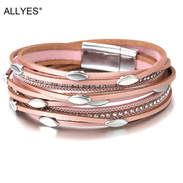 allyes pink leather bracelets for women 2019 fashion leaf charm crystal boho multilayer wrap bracelet female jewelry, Golden;silver 
allyes pink leather bracelets for women 2019 fashion leaf charm crystal boho multilayer wrap bracelet female jewelry, Golden;silver