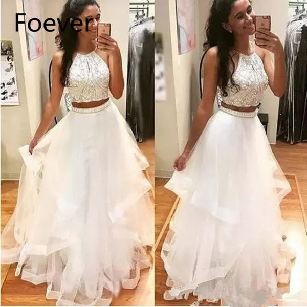 white two pieces prom dresses 2019 halter neck long tulle crystal beads 2 pieces open back party dress evening gowns, White;black
white two pieces prom dresses 2019 halter neck long tulle crystal beads 2 pieces open back party dress evening gowns, White;black