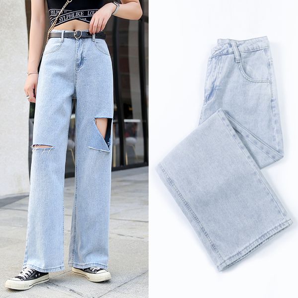 women's jeans simple fashion chic zipper ladies korean wild casual loose high waist retro wide leg straight slim fit female broken hole, Blue
women's jeans simple fashion chic zipper ladies korean wild casual loose high waist retro wide leg straight slim fit female broken hole, Blue