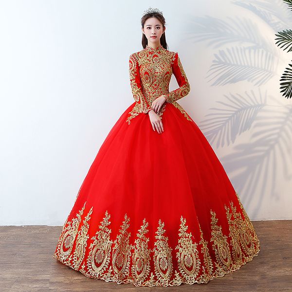 red muslim wedding dresses with gold lace appliques 2020 long sleeves wedding gowns lace up bride dress, White
red muslim wedding dresses with gold lace appliques 2020 long sleeves wedding gowns lace up bride dress, White