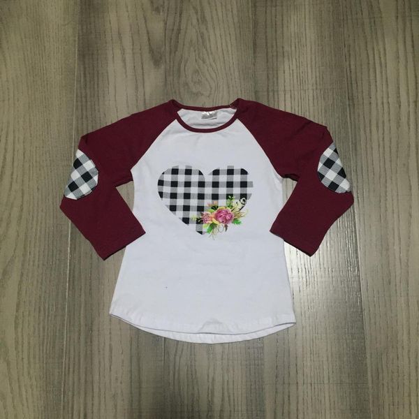 

spring valentine's day baby girls love heart shape wine plaid patch cotton boutique long -shirt reglans childen clothes, White