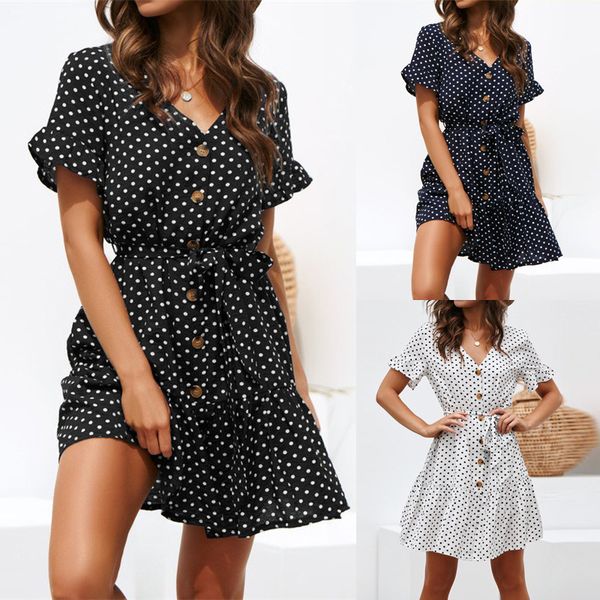 women summer beach chiffon dress casual short sleeve polka dot dress boho mini party dress elegant v neck sundress, Black;gray
women summer beach chiffon dress casual short sleeve polka dot dress boho mini party dress elegant v neck sundress, Black;gray