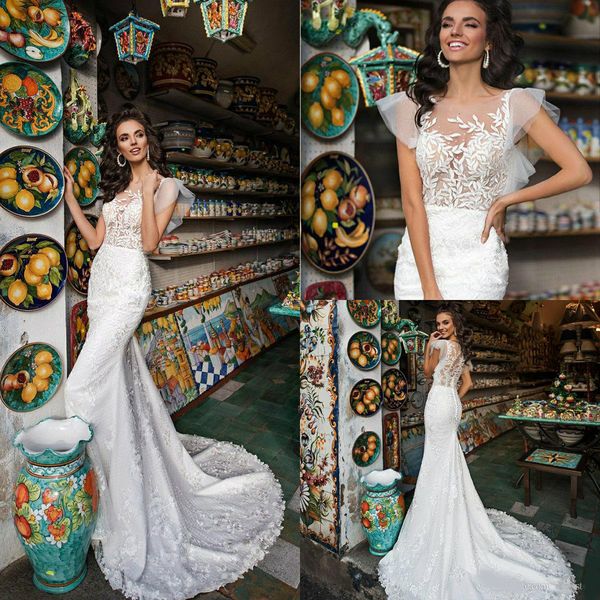 elegant lace mermaid wedding dresses ruffles cap sleeve sweep train appliqued beach wedding gowns buttons back robes de mariée, White 
elegant lace mermaid wedding dresses ruffles cap sleeve sweep train appliqued beach wedding gowns buttons back robes de mariée, White