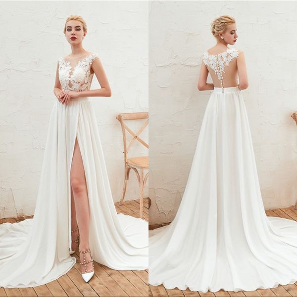 a line wedding dresses summer beach sheer lace appliqued capped sleeves high split chiffon bridal gowns, White
a line wedding dresses summer beach sheer lace appliqued capped sleeves high split chiffon bridal gowns, White