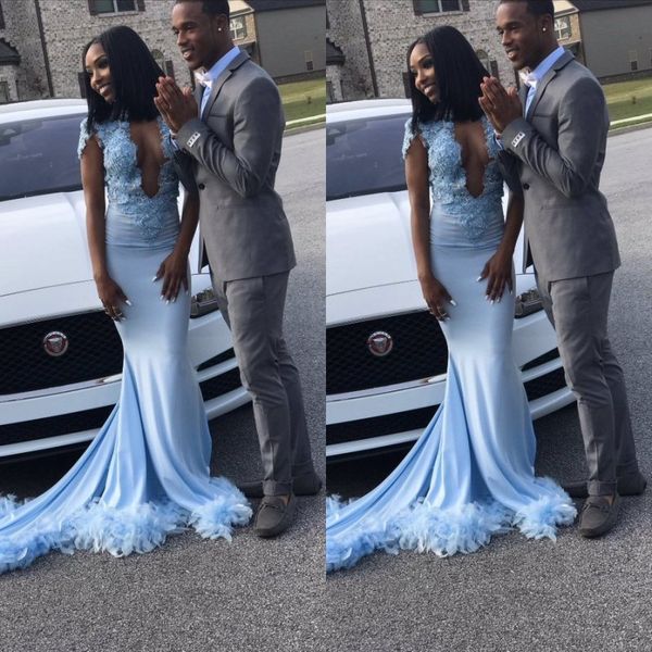 deep v neck light blue mermaid prom party dresses court train cap sleeve lace appliques evening gowns with feathers, Black
deep v neck light blue mermaid prom party dresses court train cap sleeve lace appliques evening gowns with feathers, Black