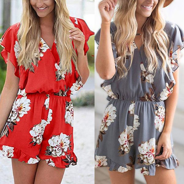 women floral print v-neck ruffle cap sleeves wrap short jumpsuit for summer js25, Black;white
women floral print v-neck ruffle cap sleeves wrap short jumpsuit for summer js25, Black;white