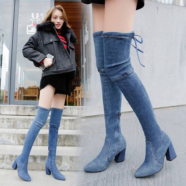 autumn 2019 new single denim knee boots women's slim boots thick heel heeled european and american style shoes side zip blue, Black
autumn 2019 new single denim knee boots women's slim boots thick heel heeled european and american style shoes side zip blue, Black