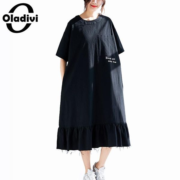 

oladivi plus size women black dress ladies casual loose short sleeve cotton linen midi dresses long shirt tunics female vestidos, Black;gray