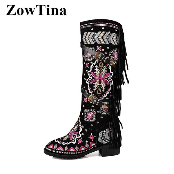 black suede women winter long boots embroidery knee high knight bottes fringe rubber botas double strap buckle botines femmes
black suede women winter long boots embroidery knee high knight bottes fringe rubber botas double strap buckle botines femmes