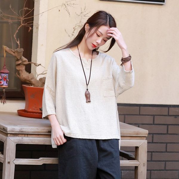 new arrival female cotton linen loose thin spring summer three quarter sleeve pockets vintage blouse, White
new arrival female cotton linen loose thin spring summer three quarter sleeve pockets vintage blouse, White