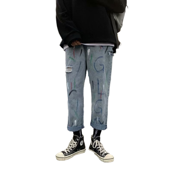 men denim jeans new fashion printed jeans pants ripped multi pockets male straight slim punk hip hop pants painted, Blue
men denim jeans new fashion printed jeans pants ripped multi pockets male straight slim punk hip hop pants painted, Blue