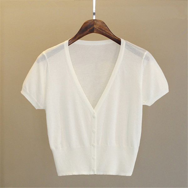 casual solid cardigan short women t shirt summer female crop shirts elegant tees v-neck ladies knitted t-shirt holiday, White
casual solid cardigan short women t shirt summer female crop shirts elegant tees v-neck ladies knitted t-shirt holiday, White